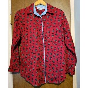 Krazy Kat Womens Button Down Shirt Red Floral Long Sleeve Chambray Accent Size M
